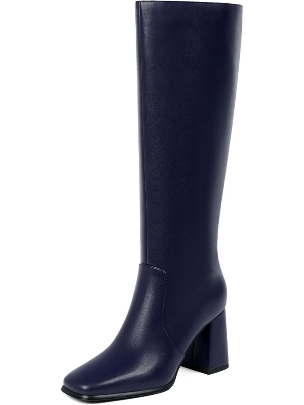 Women's Blue Square Toe Chunky Heel Side Zipper Knee High Tall Gogo Boot Shoes